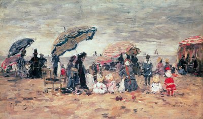 Parasoles en la playa, Trouville, 1886 de Eugene Louis Boudin